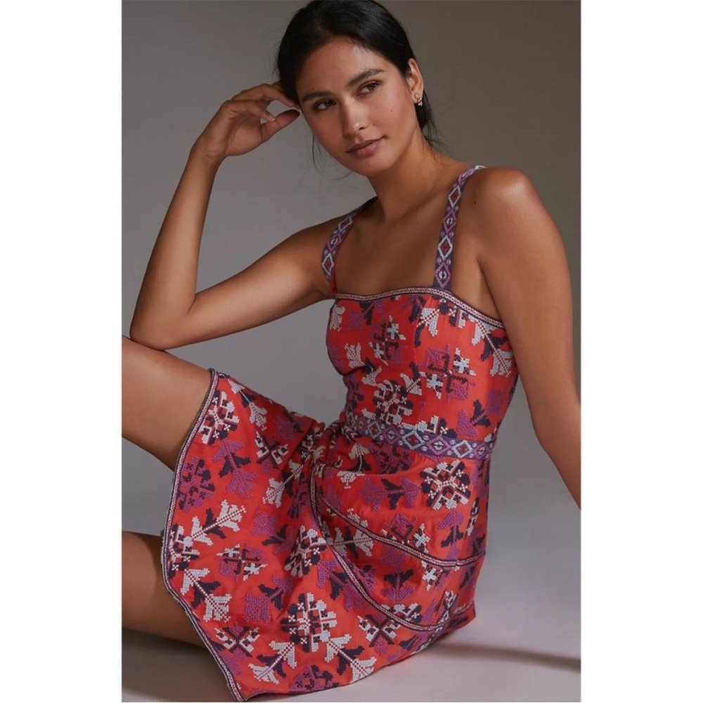 Rare! NWOT Anthropologie Dark Orange Embroidered Dress 8 - Picture 2 of 12